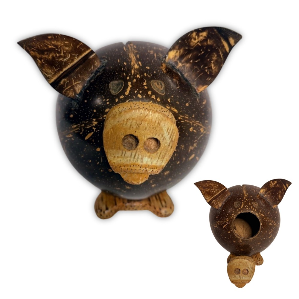 Handmade Coconut Shell Piggy Bank Carved Wood Rustic Tropical Folk Art Decor Pig